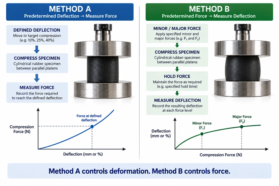 ASTM D575 Method A vs Method B rubber compression teszt